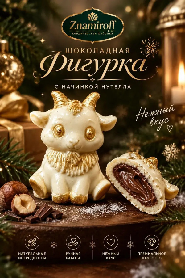 №1 Шоколад фигурный "Мультяшный козлик" белый шоколад с начинкой нутелла(блок 5шт по 70г) в Борисоглебске