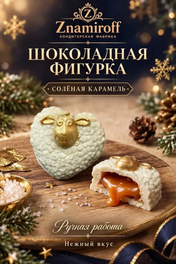 №1 Шоколад фигурный "Овечка-сердечко" белый шоколад с начинкой солёная карамель(блок 5шт по 70г) в Борисоглебске